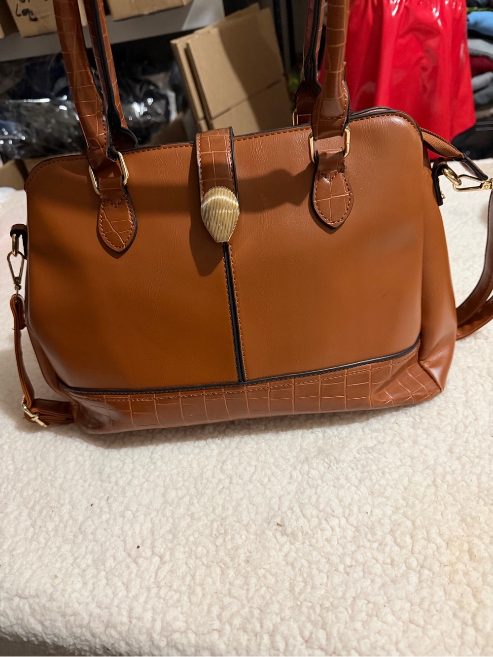 Classic Cognac Shoulder Satchel with Croc-Trim